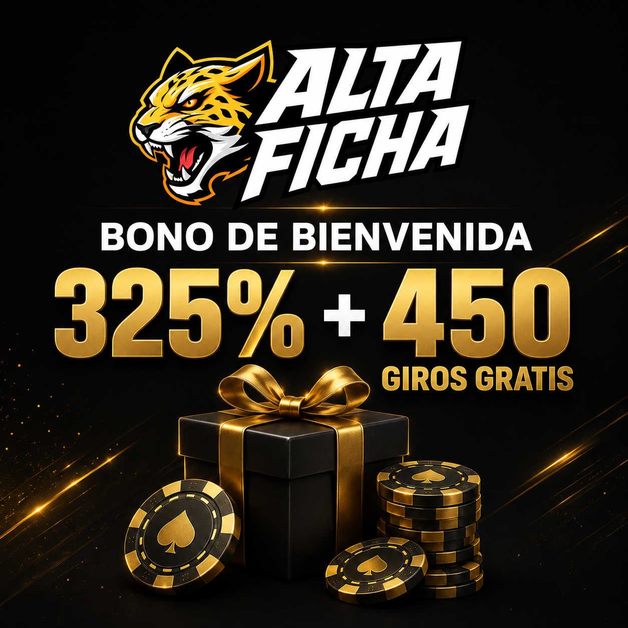 Banner cuadrado de Altaficha con bono de bienvenida del 325 por ciento y 450 giros gratis