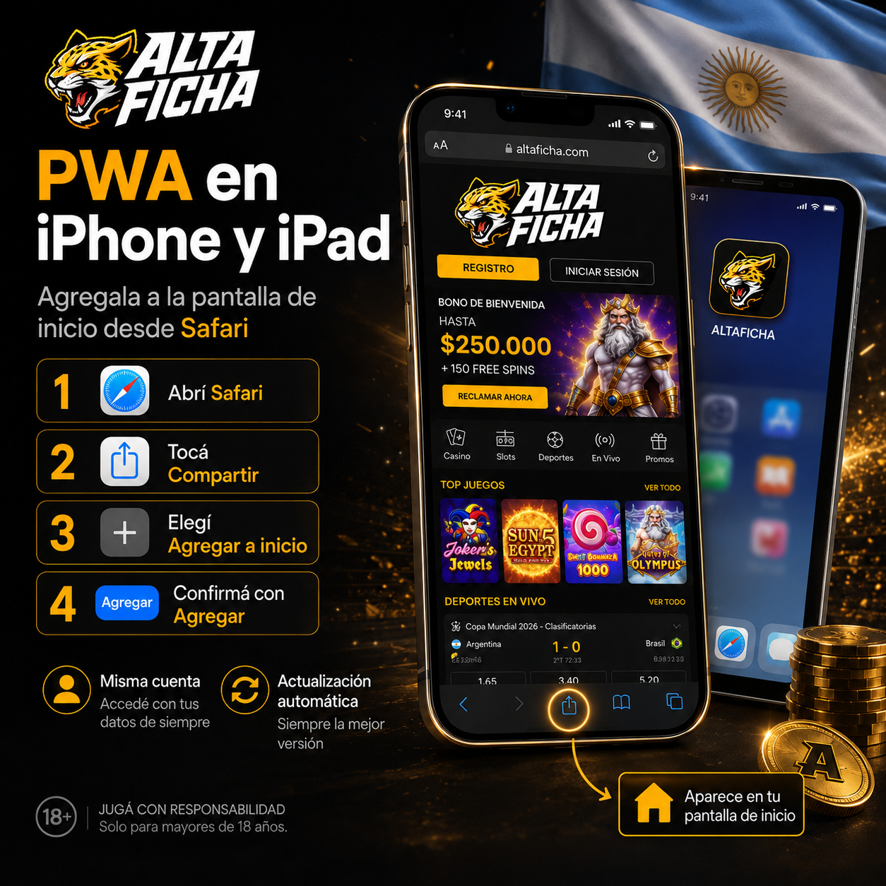 Cómo agregar la PWA de Altaficha a la pantalla de inicio de iPhone o iPad