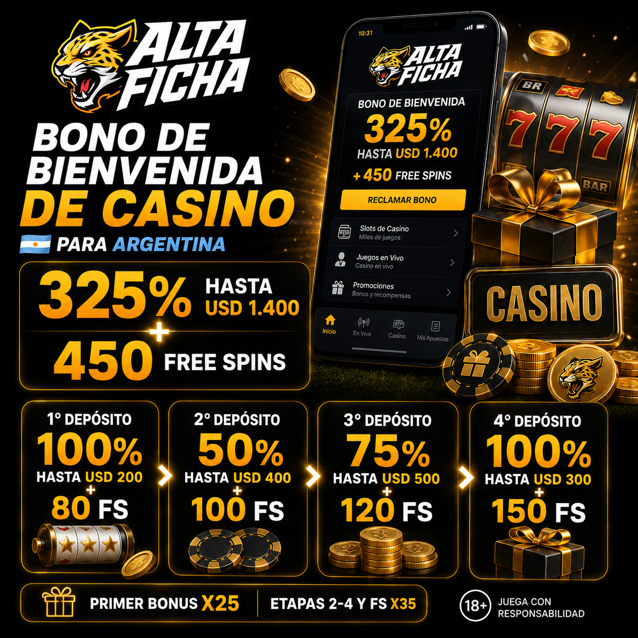 Bono de bienvenida de casino de Altaficha con 325% hasta USD 1.400 y 450 free spins