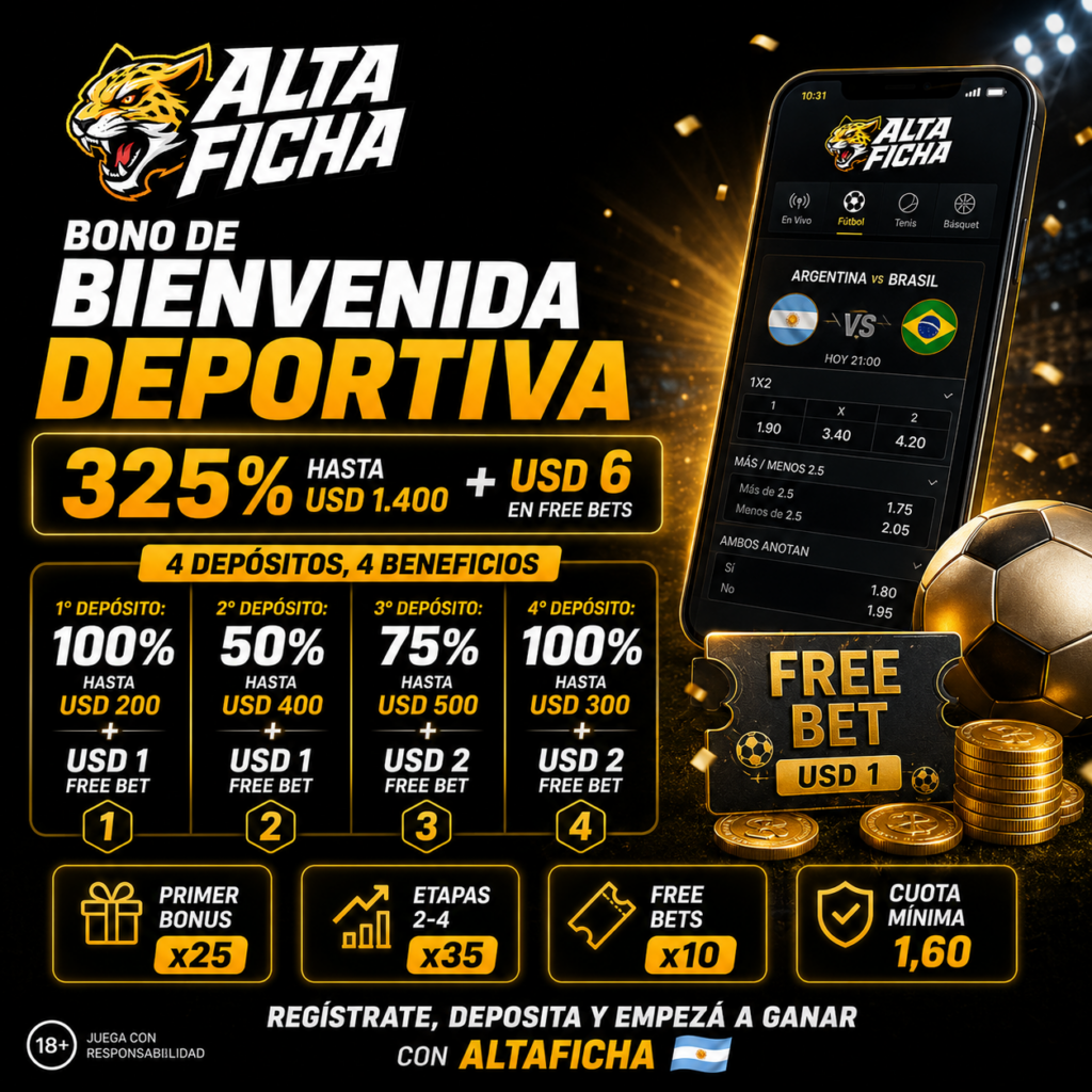 Bono deportivo de Altaficha con 325% hasta USD 1.400 y USD 6 en free bets