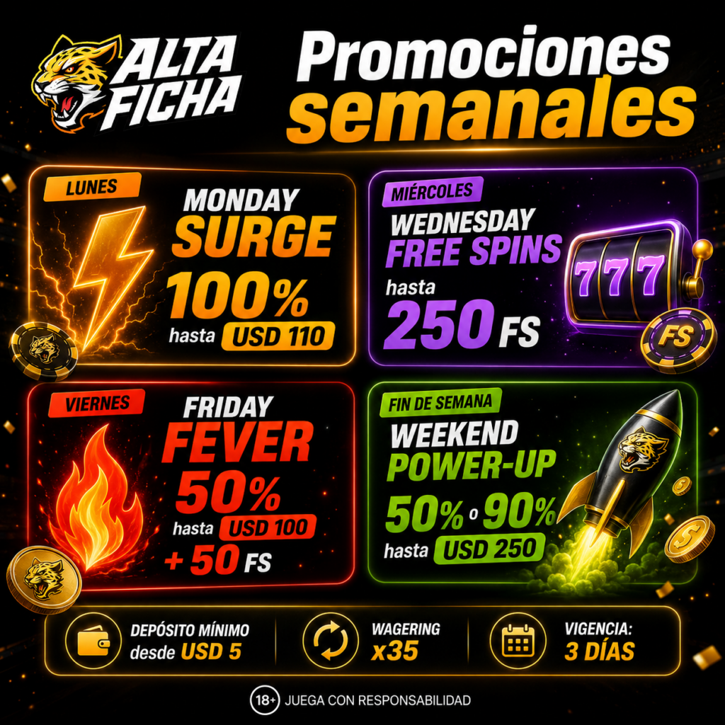 Monday Surge, Wednesday Free Spins, Friday Fever y Weekend Power-Up de Altaficha