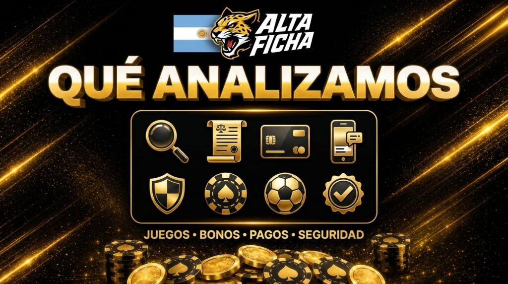 Banner de análisis de Altaficha con logo oficial e iconos de juegos, bonos, pagos, seguridad y acceso móvil