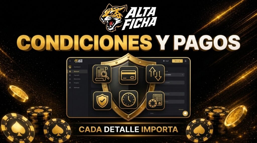 Banner de Altaficha sobre condiciones de bonos, pagos y retiros con logo oficial, documento, tarjeta, escudo y reloj