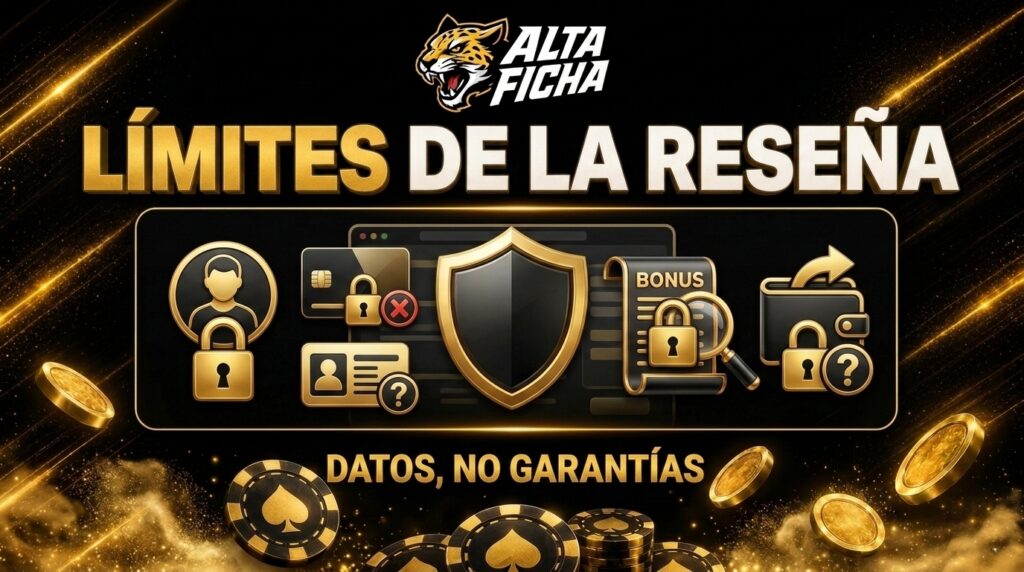 Banner sobre los límites de la reseña de Altaficha con logo oficial, cuenta protegida, iconos bloqueados, monedas y fichas doradas