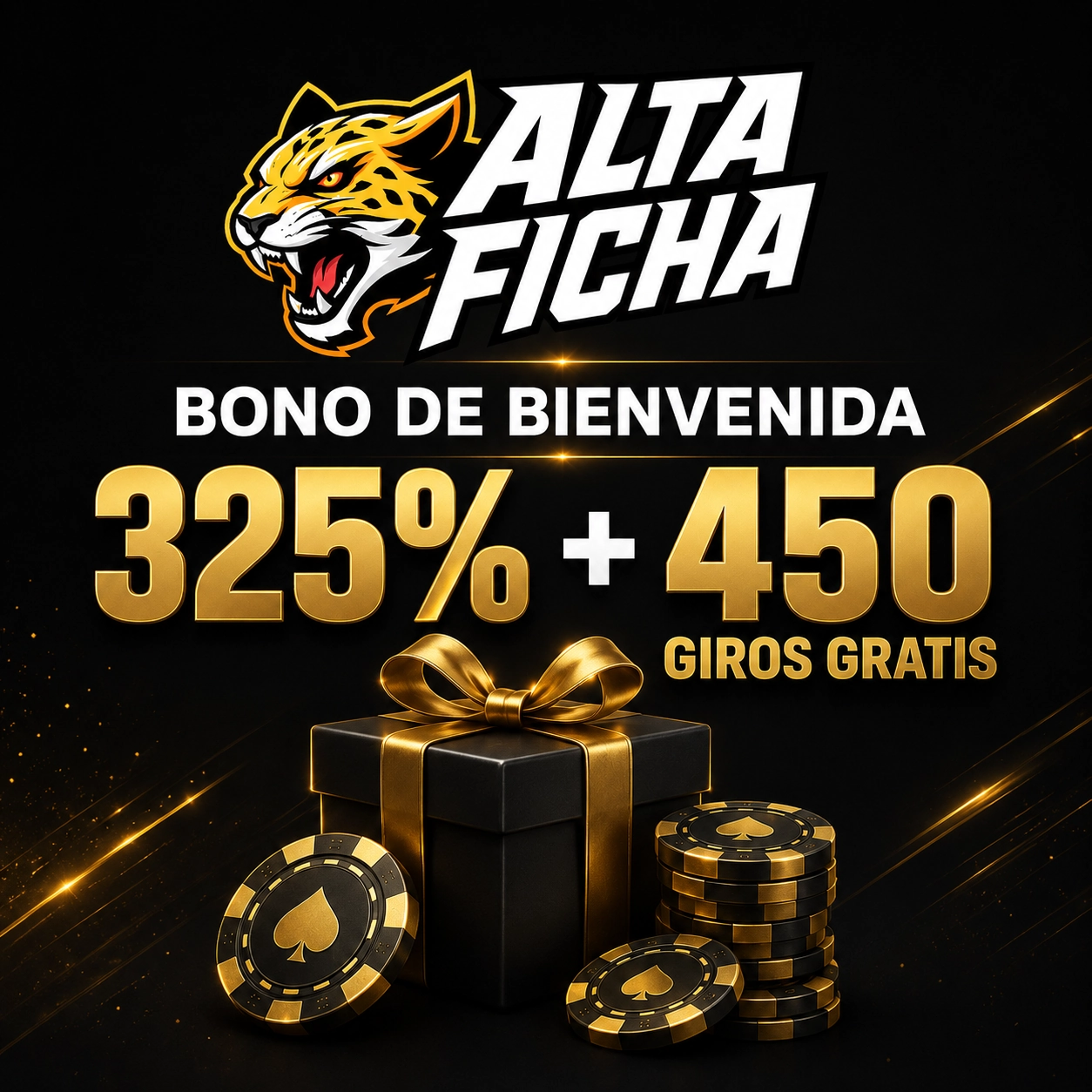 Banner cuadrado de Altaficha con bono de bienvenida del 325 por ciento y 450 giros gratis